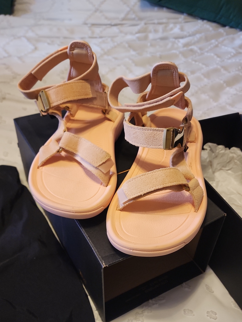 Teva Peach Suede Strap Sandals with Gold Buckles